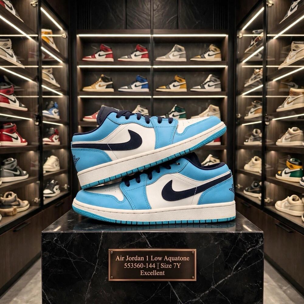 Size 7Y - 8.5W - Jordan 1 Low Aquatone 553560-144 Blue White Excellent